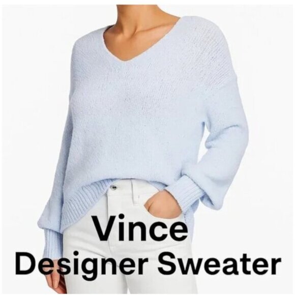 Vince Textured V-Neck Sweater Light Blue Sky Cotton Knit Designer M - Picture 10 of 10